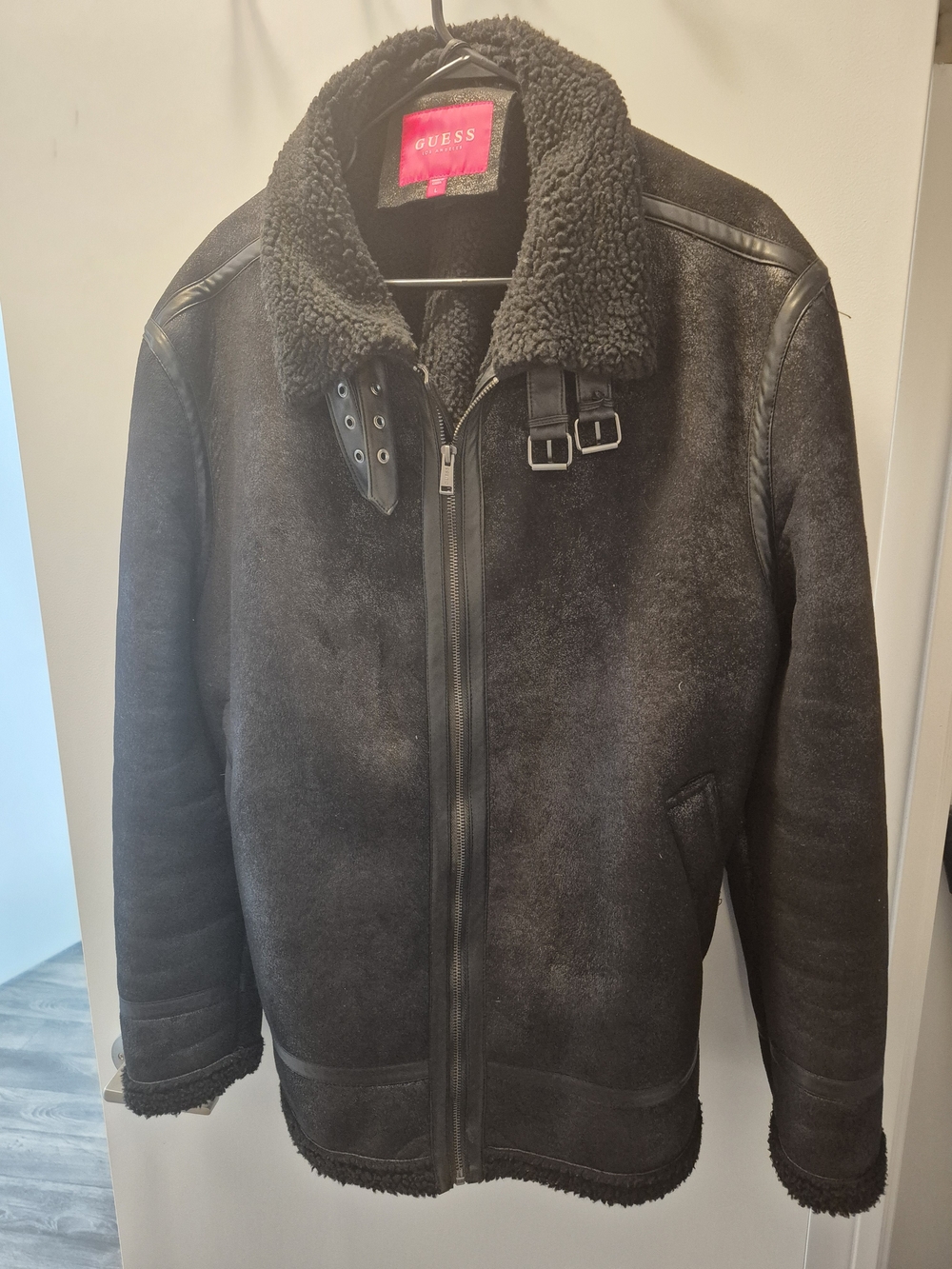 GUESS Faux Black Shearling with Black Sherpa Lined Jack Size Large
